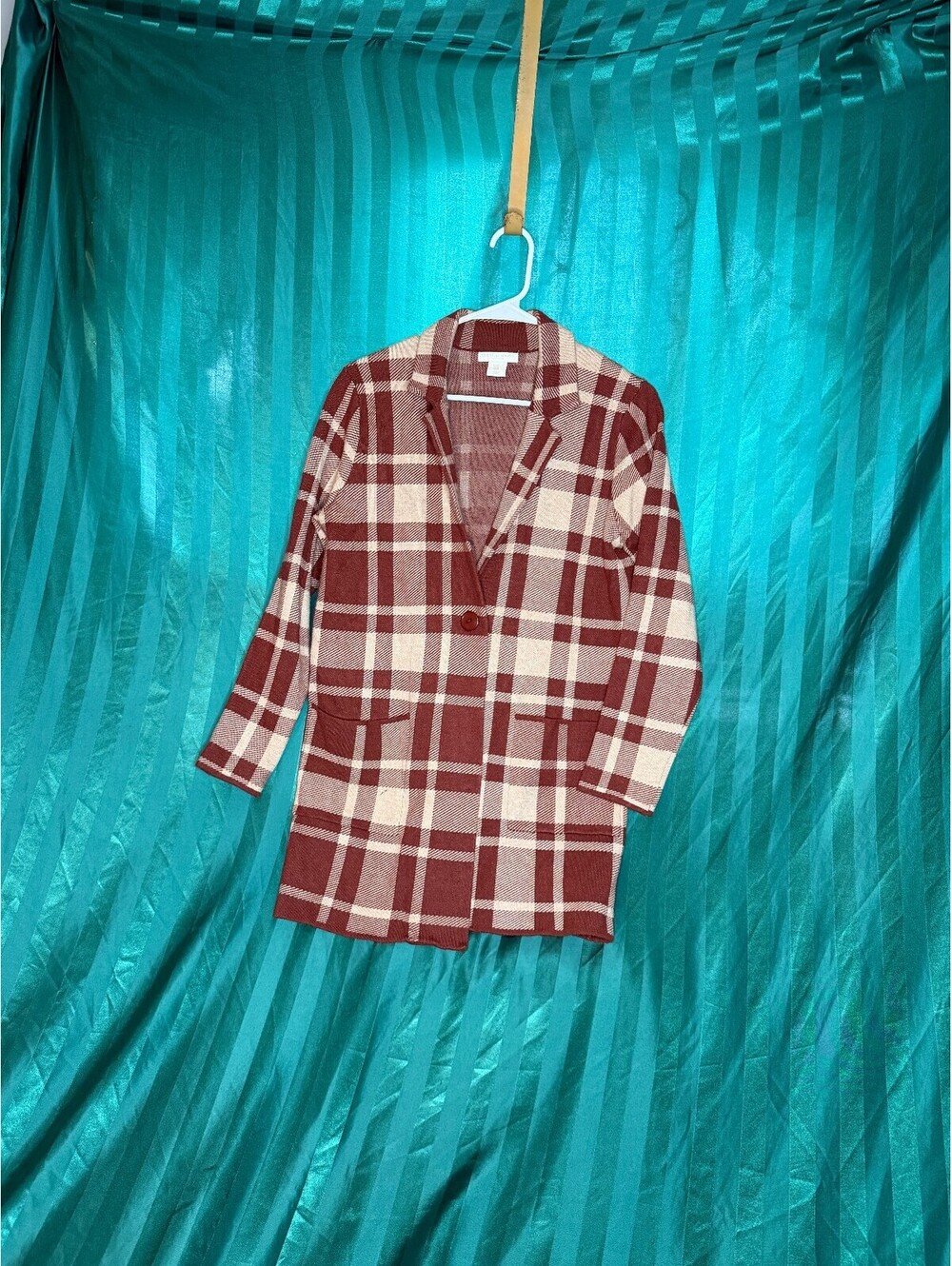 Christian Siriano Brown Plaid Knit Cardigan Size Medium Single Button